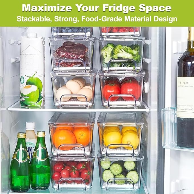 Pull-out Veggie Fridge Organizer Drawer, 5-Pack Stackable Fruit and Vegetables Refrigerator Organizer and Storage Containers, with Strainer Layer - Image 6
