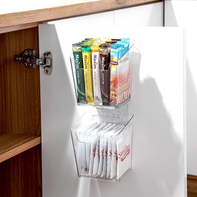 4-Pack Drink Packet Organizer, Kitchen Cabinet Door Organizer Adhesive | Acrylic Wall-Mounted Organizer, Clear Storage Bin Holder Box, Pantry Organizer Wall Caddy for K cup/Sewing Tool/Laundry Pods - Image 2