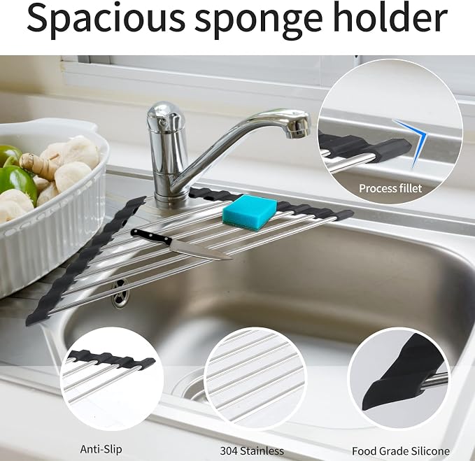 Ahyuan Roll up Dish Drying Rack Over The Sink Kitchen Roll up Sink Drying Rack Portable Dish Drainer Foldable Dish Drying Rack (Black, Triangle 16.3''X9.4'') - Image 4
