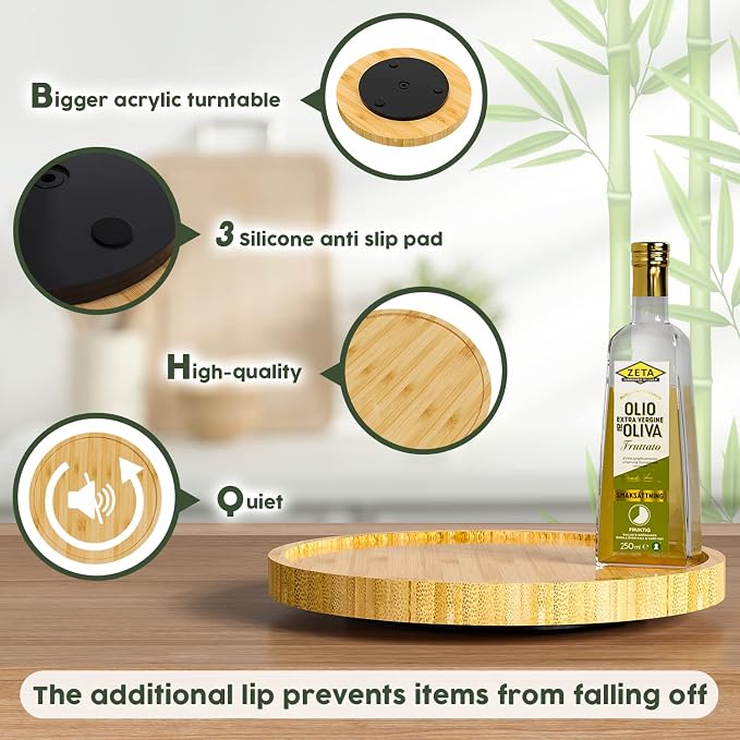Lazy Susan Organizer, 10 Inch Non-Skid Bamboo Turntable Organizer | Salt Pepper Olive Oil and Spices Next to Stove, Wooden Lazy Susan for Table or Kitchen Countertop Organizer - Image 6