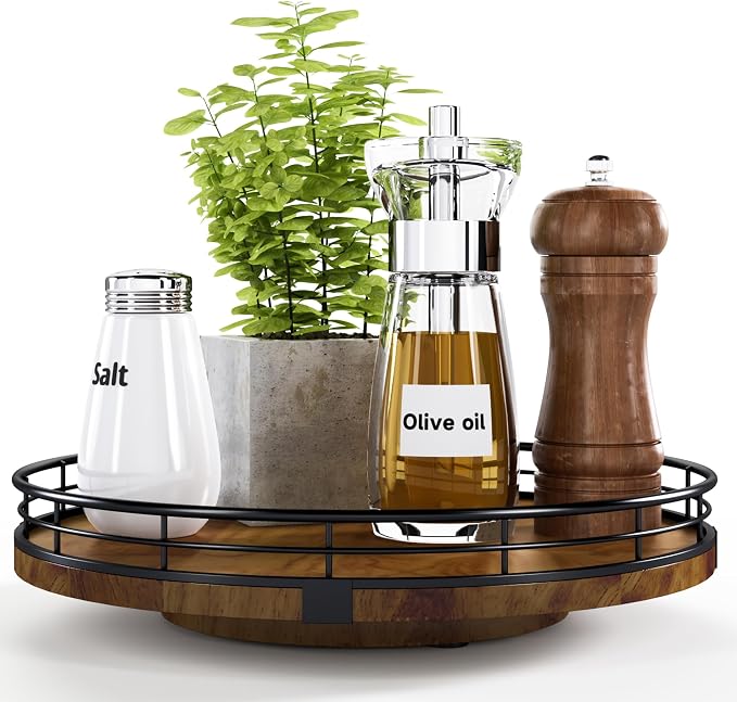 AMH 10-Inch Farmhouse Oak Lazy Susan Cabinet Organizer, Walnut Finish | Smooth rotating oak tray with walnut finish for dining tables, kitchen counters, pantries and cabinet storage. by AMH