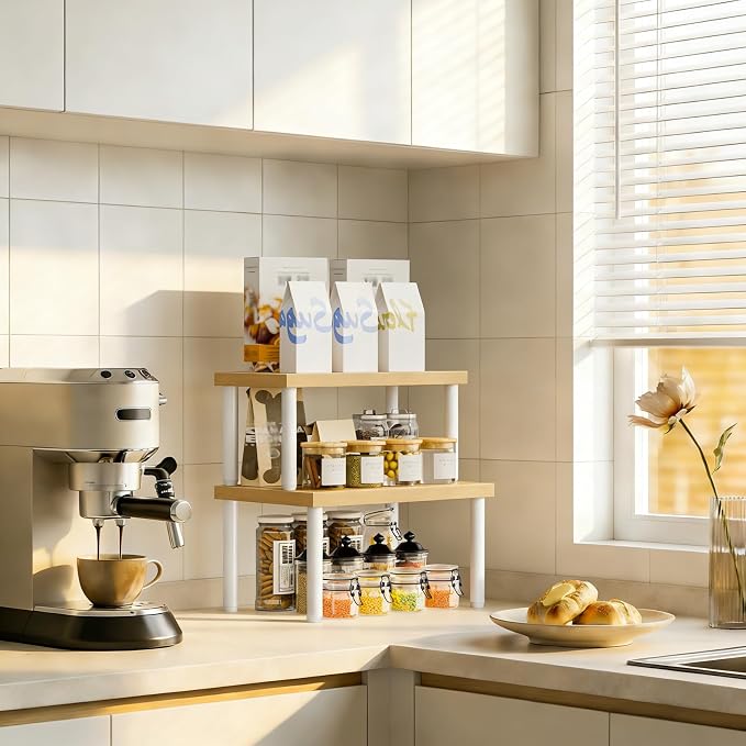 HOOBRO Cabinet Organizer Shelf, kitchen countertop organizer, Kitchen Storage, Spice Rack for cabinet, Stackable, Expandable, for Countertop,kitchen,cabinet, White and Natural WN15TL01 - Image 2
