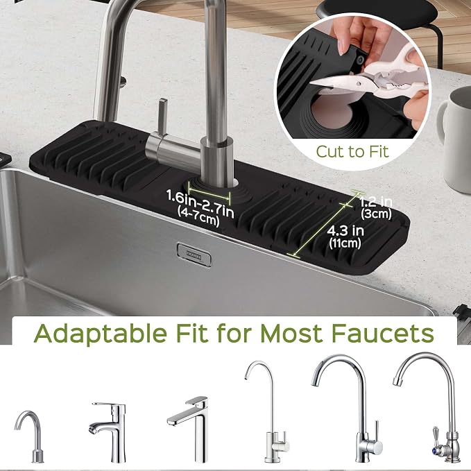 15 Inch Silicone Faucet Mat for Kitchen Sink Splash Guard – 2025 Upgraded Draining Mat with Water Tray Behind Faucet – Countertop Protectors to Catch Spills (Black, 14.6" x 5.5") - Image 5