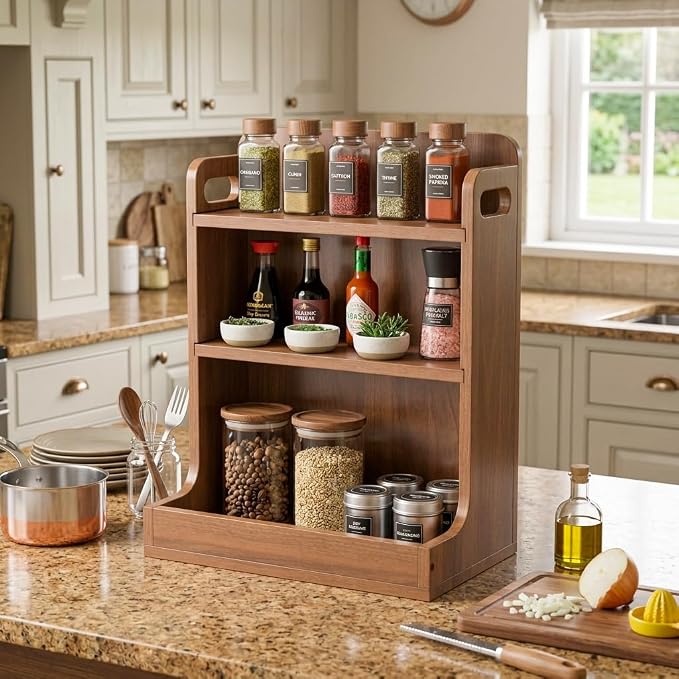Solid Wood 3-Tier Spice Rack Countertop Organizer Kitchen Storage Shelf | Sturdy wood desktop shelf for spices, coffee bars & bathroom vanities. Features portable handles & full back stability. - Image 3
