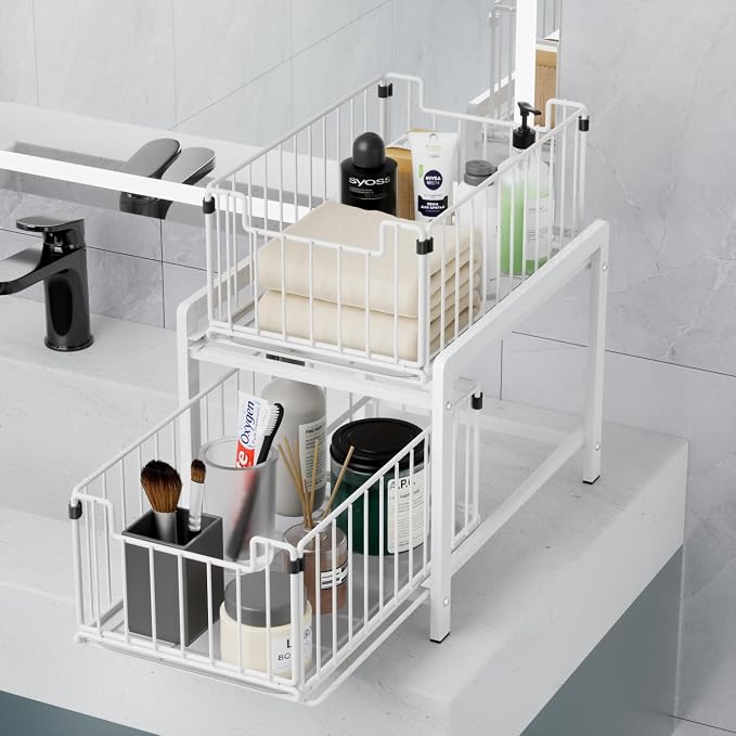 2-Tier Pull Out Cabinet Organizer, Slide Out Under Sink Organizer | Metal Cabinet Baskets with Mesh Sliding Drawer for Home, Office, Bathroom, Kitchen, Pantry Storage Shelf, Large White - Image 6