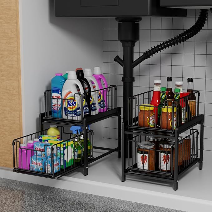 2-Tier Pull Out Cabinet Organizer, Slide Out Under Sink Organizer | Metal Cabinet Baskets with Mesh Sliding Drawer for Home, Office, Bathroom, Kitchen, Pantry Storage Shelf, Large Black - Image 3