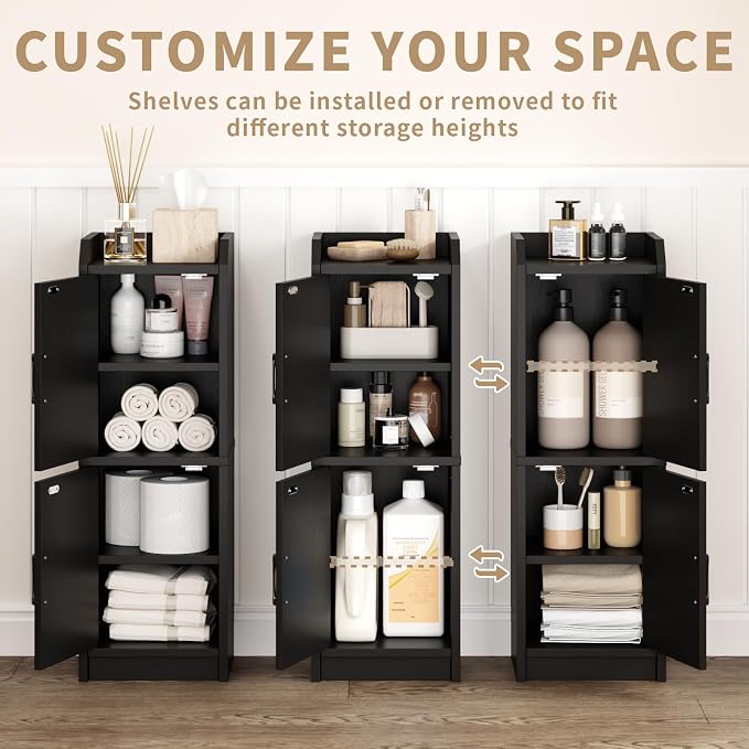 Narrow Bathroom Storage Cabinet with 2 Doors and Shelves, 9.8" W Small Storage Cabinet for Toilet Paper Storage, Slim Cabinet for Small Spaces, Bathroom, Kitchen, 9.8" W × 7.9" D × 29.5" H, Black - Image 4