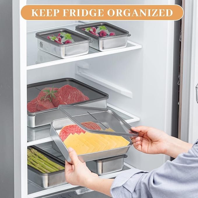 Hushee 6 Pack Bacon Cheese Container for Refrigerator, 304 Stainless Steel Airtight Deli Meat Container, Dishwasher Safe Fridge Storage Fruit Lunch Storage with Lids for Fridge, 4 Sizes - Image 9