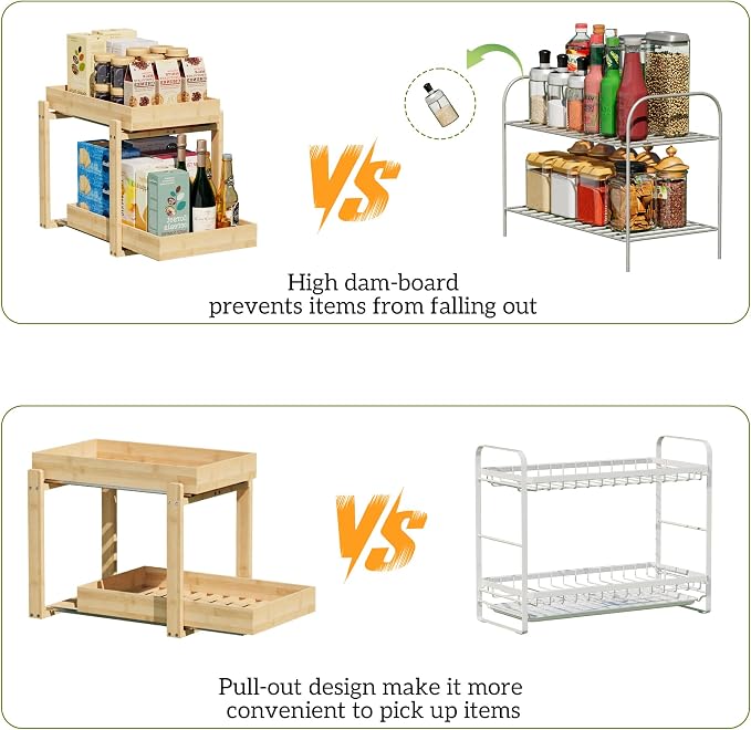 APRTAT 2 Pack Bamboo Under Sink Organizer, 2-Tier Pull Out Storage Drawers | Smooth pull-out drawers keep cleaners and tall bottles visible, organized and easy to reach in kitchen or bathroom cabinets - Image 7