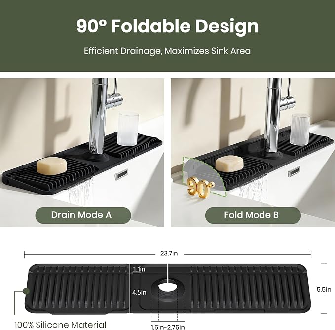 24 Inch Faucet Mat for Kitchen Sink, Silicone Splash Guard for Kitchen Sink Area, 7° Slope Fast Self-Draining Sink Mat, Cuttable Hole Design, Sink Backsplash Guard Draining Mat, Black - Image 4