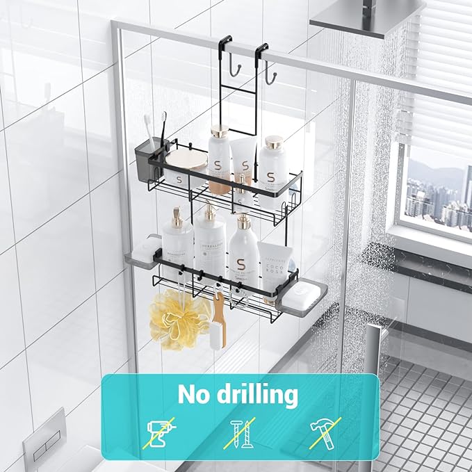 Over the Door Shower Caddy Hanging: No Drill Rustproof Shower Organizer | Includes Hooks & Soap Holders for Shampoos, Conditioners and Bathroom Essentials, Anti-Slip for Any Shower Room - Image 4