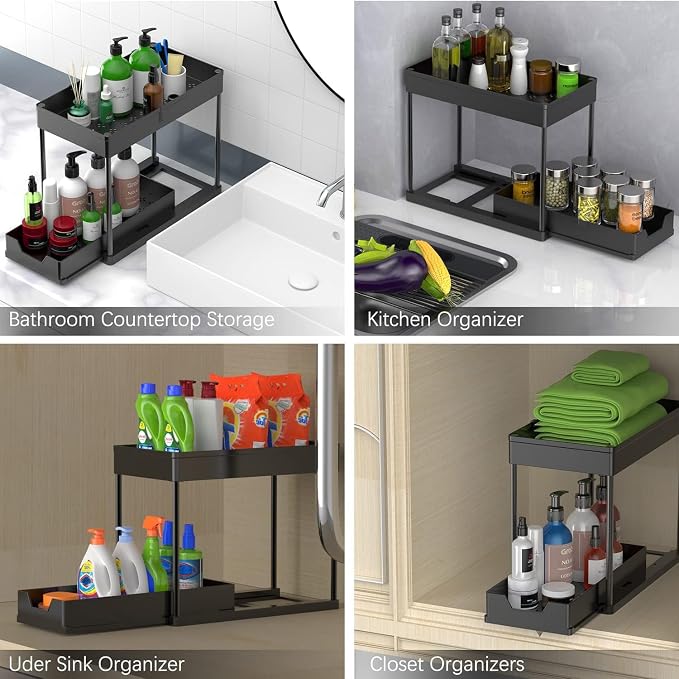 2 Pack black Under Sink Organizers and Storage, 2-Tier Sliding Cabinet Basket Organizer with Hooks, Multi-Purpose Under Sink Organizers and Storage for Bathroom Kitchen - Image 5
