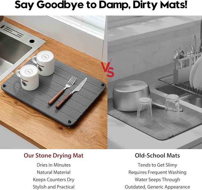 Stone Dish Drying Mat for Kitchen Counter, Water Absorbing Bathroom Tray Sink Organizer, Diatomaceous Earth Countertop Dish Rack Riser Sponge Holder Soap Dish, Dark Gray, 16" x 12" - Image 6