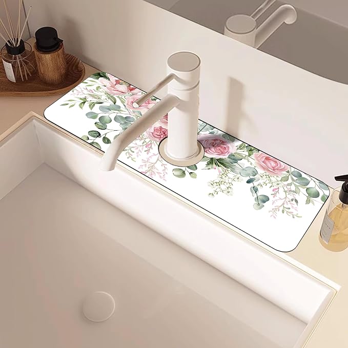 Faucet Mat for Kitchen Sink Watercolor Floral Pink Flowers Sink Splash Guard Behind Faucet Soft Diatom Mud Material Non-slip Easy to Clean for Bathroom & Kitchen 15"X5.5" - Image 5