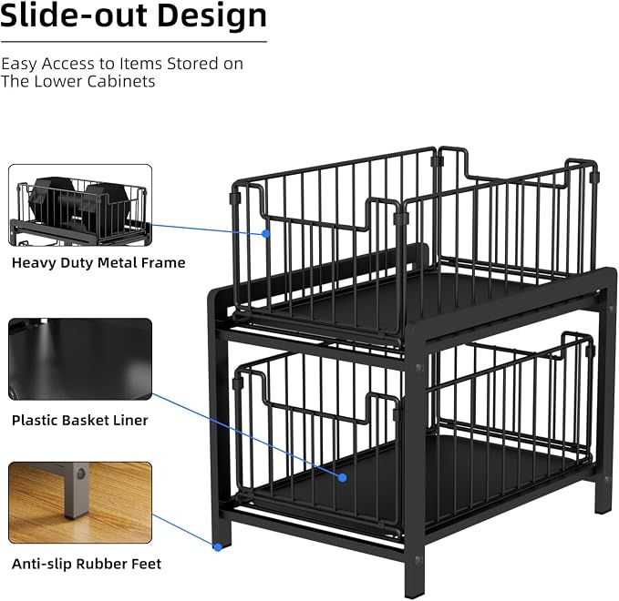 2-Tier Pull Out Cabinet Organizer, Slide Out Under Sink Organizer | Metal Cabinet Baskets with Mesh Sliding Drawer for Home, Office, Bathroom, Kitchen, Pantry Storage Shelf, Large Black - Image 4