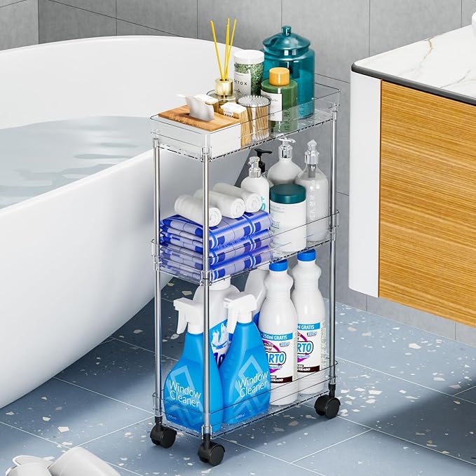 Clear 4 Tier Slim Rolling Storage Cart with Wheels,6.3″W Thin Shelf,Bathroom Storage Cabinet,Skinny Laundry Cart,Narrow Laundry Room Cart Between Washer and Dryer,Skinny Shelves for Small Space - Image 6