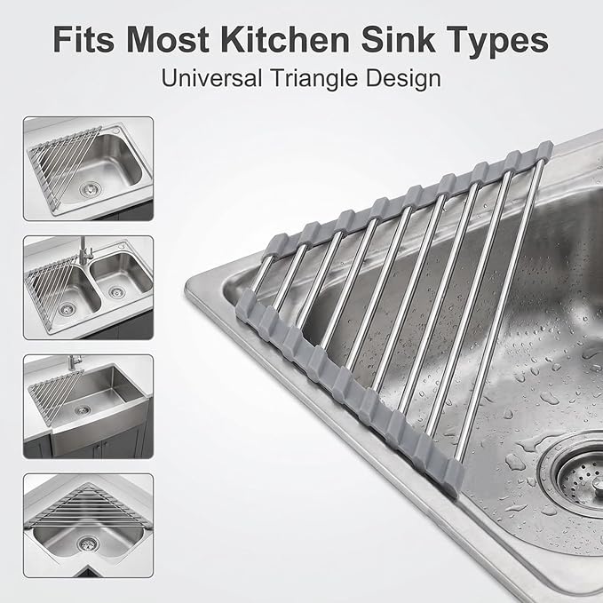 Triangle Sink Corner Dish Drying Rack, Gray Foldable Roll Up Dish Drainer, Multipurpose Kitchen Counter Storage Organizer Drainer Mat - Image 5