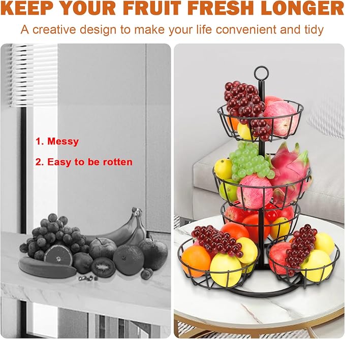 Livabber Fruit Basket Bowl, Metal Fruit Vegetable Storage Basket for Kitchen Counter, Large Capacity Vegetable Holder Rack Detachable Organizer for Bread Snack Produce (Black, 5-Tier Metal Base) - Image 4