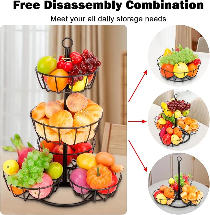 Livabber Fruit Basket Bowl, Metal Fruit Vegetable Storage Basket for Kitchen Counter, Large Capacity Vegetable Holder Rack Detachable Organizer for Bread Snack Produce (Black, 5-Tier Metal Base) - Image 5