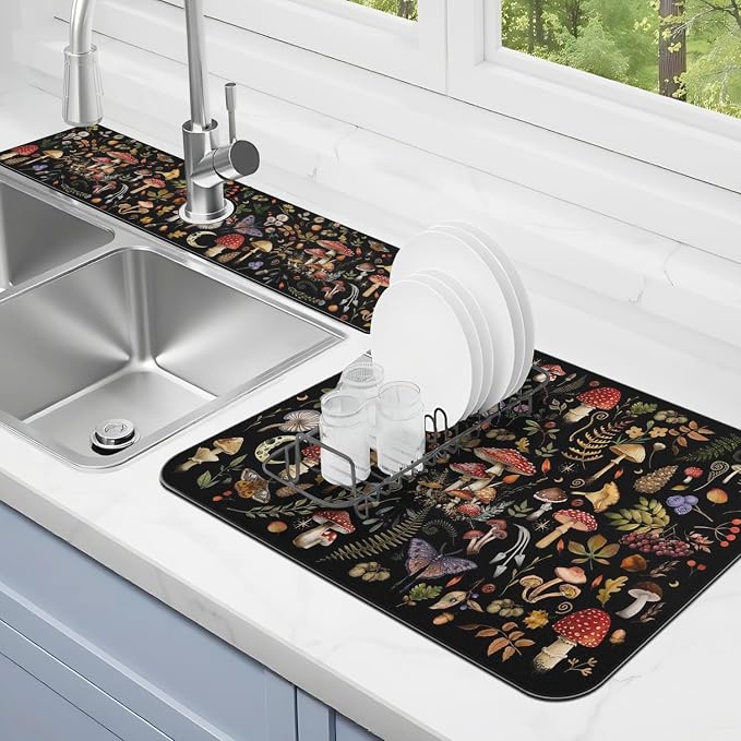 Dish Drying Mat for Kitchen Counter Matt, 2PCS 19"x12" Dish Drainer Mat & 24"x5.5" Sink Splash Guard, Super Absorbent Non-slip Rubber Backed by Kuyig+Home