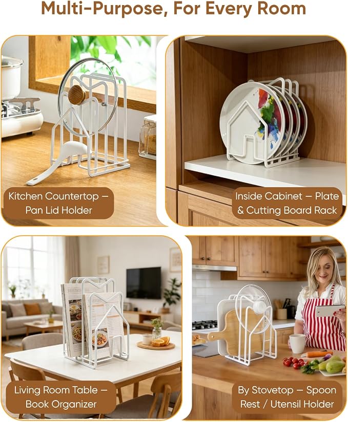 LINFIDITE Cutting Board Rack Chopping Board Organizer Stand Holder Kitchen Countertop Pots Pan Lids Rack Organizer Flat Steel 4.92Lx5.71Wx8.46H in. White - Image 8