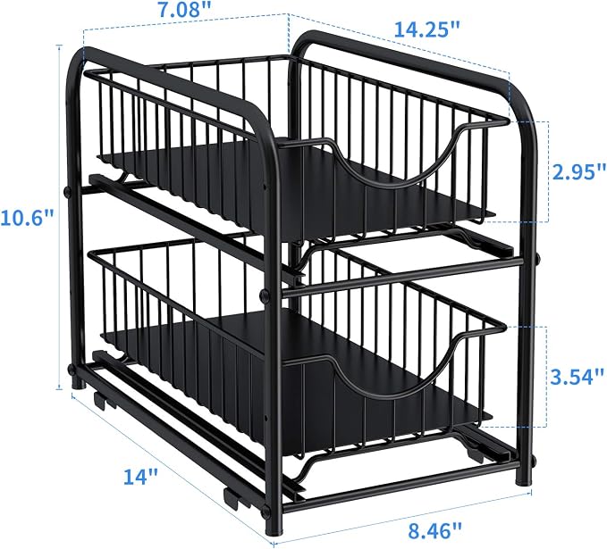 2-Tier Pull Out Organizer Under Sink Sliding Cabinet Rack,Black | Stackable Sliding Storage Drawer organizer with adjustable height and anti slip pad. Kitchen,Office or Cabinet Storage - Image 3
