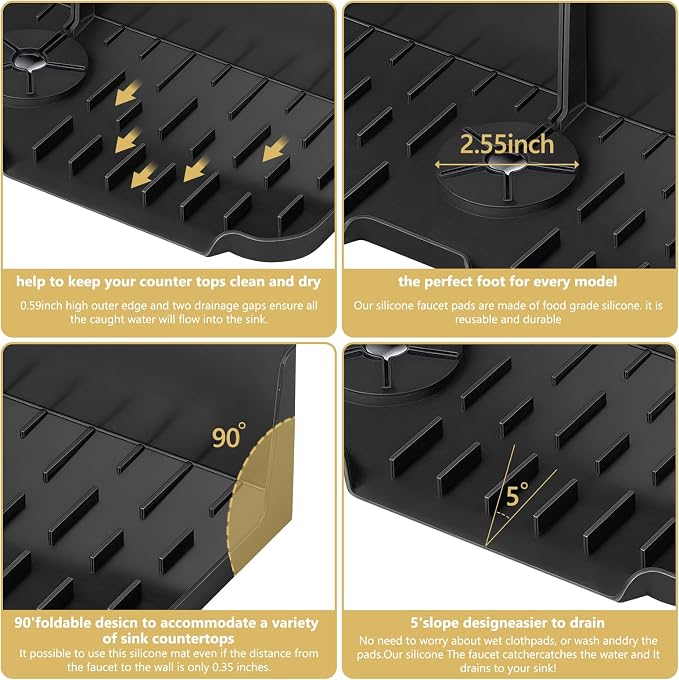 Sink Splash Guard Behind Faucet, Silicone Sink Faucet Drying Mat & Dish Soap Sponge Holder, 17" x 5.5" Silicone Kitchen Sink Auto Drain Organizer (Black) - Image 4