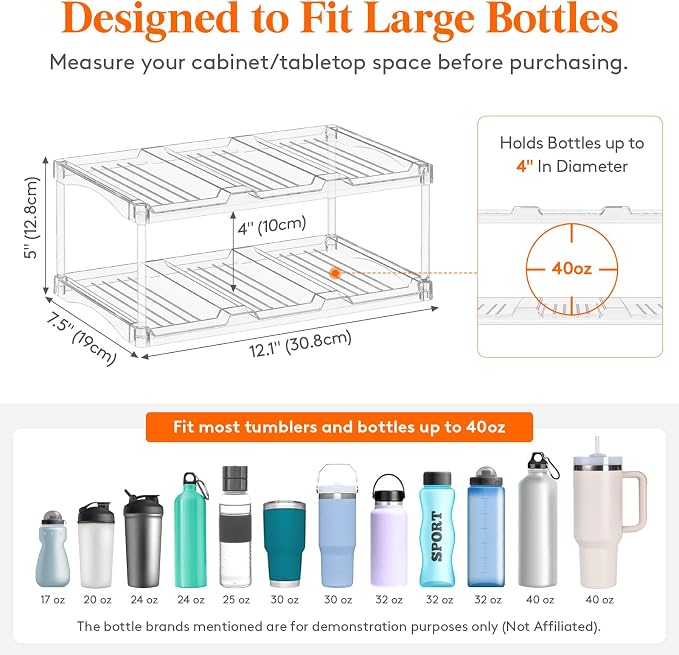 Lifewit Stackable Bottle Storage Organizer, Clear Freestanding Wine Holder for Cabinet, Large Slot Water Bottle Tumbler Cup Organizer for Pantry, Plastic Wine Rack for Fridge Cellar, 2Tier Hold 6 - Image 2