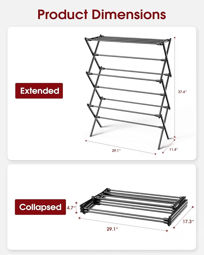 Sakugi Foldable 3-Tier Clothes Drying Rack 37.4" H with Non-Slip Feet | Indoor & Outdoor Use, Space Saving, Metal Frame, 11.4" D x 29.1" W, Black - Image 3