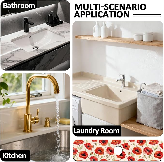 2 Pcs Kitchen Sink Splash Guard Faucet Mat Papaver Rhoeas Pattern Faucet Mat for Sinks Absorbing Drying Mats for Kitchen Bathroom - Image 7