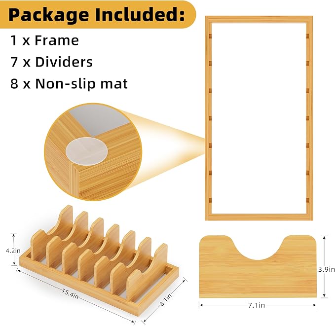 Bamboo Pot Lid Organizer Pot Lid Holder, Pot and Pan Organizer Drawer Organizer for Pot Lids, Pans, Cutting Boards & Baking Sheets, Dinner Plates, Reusable Containers in Cabinet Storage - Image 5