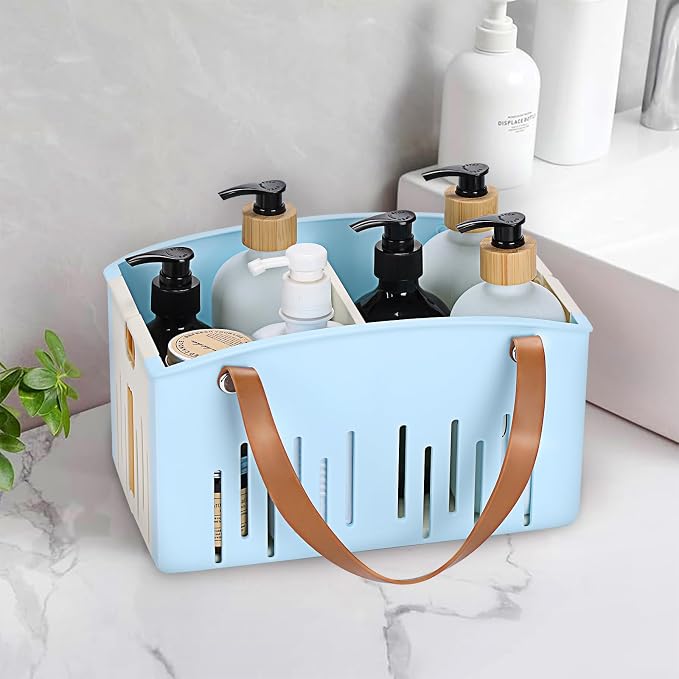 Portable Shower Caddy Collapsible Plastic Shower Basket Tote with Handles Removable Divider, Cleaning Caddy Storage Organizer for Bathroom College Dorm (Blue) - Image 5