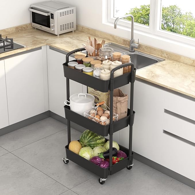 Sywhitta 3-Tier Plastic Rolling Utility Cart with Handle, Multi-Functional Storage Trolley for Office, Living Room, Kitchen, Movable Storage Organizer with Wheels, Black (Pack of 2) - Image 3
