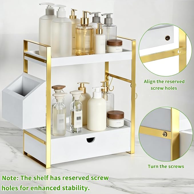2-Tier Bathroom Counter Organizer, Wooden Vanity Shelf with Drawer & Basket | Pre-Drilled Holes, Skincare & Makeup Countertop Organizer and storage, White-gold - Image 4