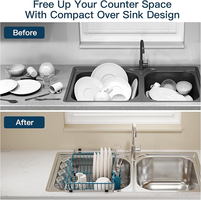 Blue Dish Drying Rack Over The Sink with Utensil Holder, Mat | Expandable Stainless Steel Dish Drainer for Small Kitchen, Apartment, RV, Counter Space Saving, Perfect Fit, Rustproof - Image 2