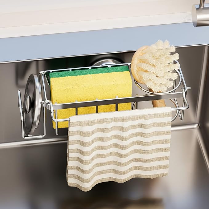 TAILI 4-in-1 Sink Sponge Holder for Kitchen with Strong Suction Cup-Silver | Removable Sink Caddy with Suction Cup, Rustproof 304 Stainless Steel Multi-compartment Sink Organizer for Sponge, Brushes by TAILI