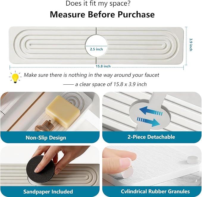Diatomite Stone Faucet Mat for Kitchen Sink,15.8 x 3.9 Inch | Sink Protectors for Kitchen Sink, Fast Drying Sink Splash Guard Pad, Water Absorbing Stone Drying Tray for Kitchen Bathroom - Image 4