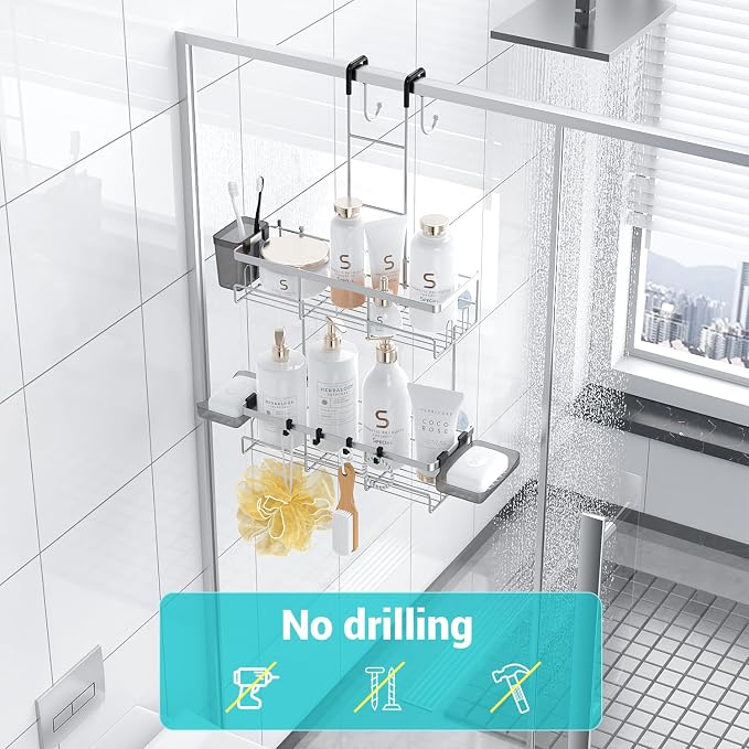 Aitatty Over the Door Hanging Shower Caddy: No Drill Rustproof Shower Rack | Includes Hooks & Soap Holders for Shampoo, Conditioner and Bathroom Essentials, Anti-Slip Design for Any Shower Room - Image 5