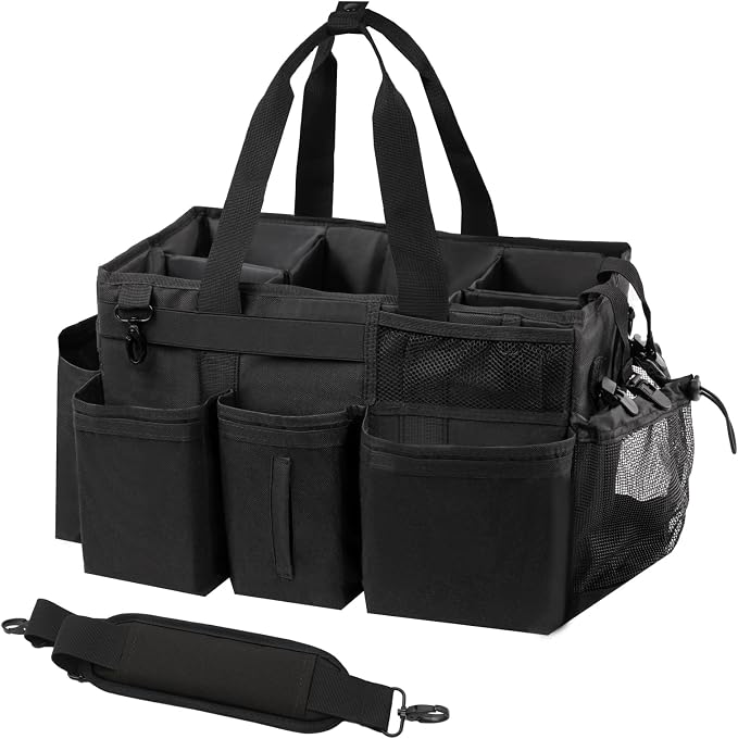 SCAVATA Wearable Cleaning Caddy Organizer with Handle & Shoulder Straps for Housekeepers, Under Sink & Car Cleaning Tool Organizer Bag with 4 Foldable Dividers (Black) by Tidyyourlife