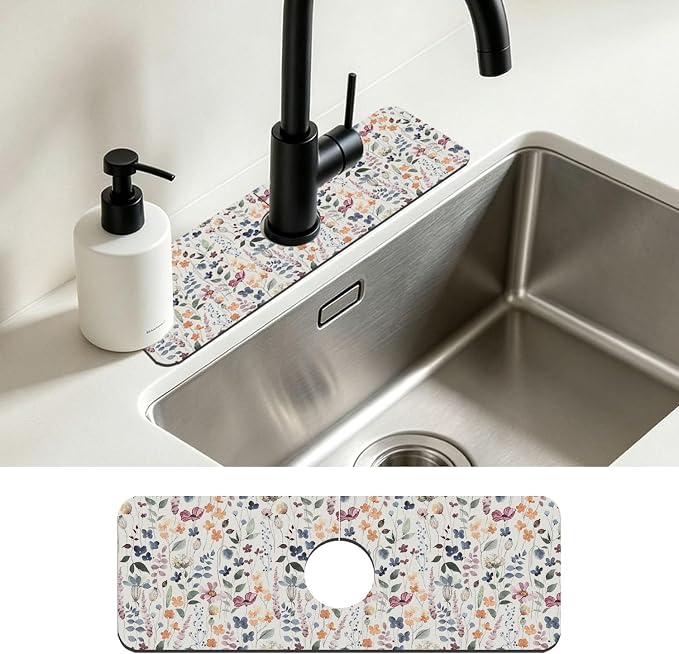 Kitchen Faucet Mat Watercolor Multicolor Botanical Plants Sink Splash Guard Behind Faucet Draining Mat Kitchen Accessories Non-slip Easy to Clean for Bathroom & Kitchen 15"X5.5" by Unknown