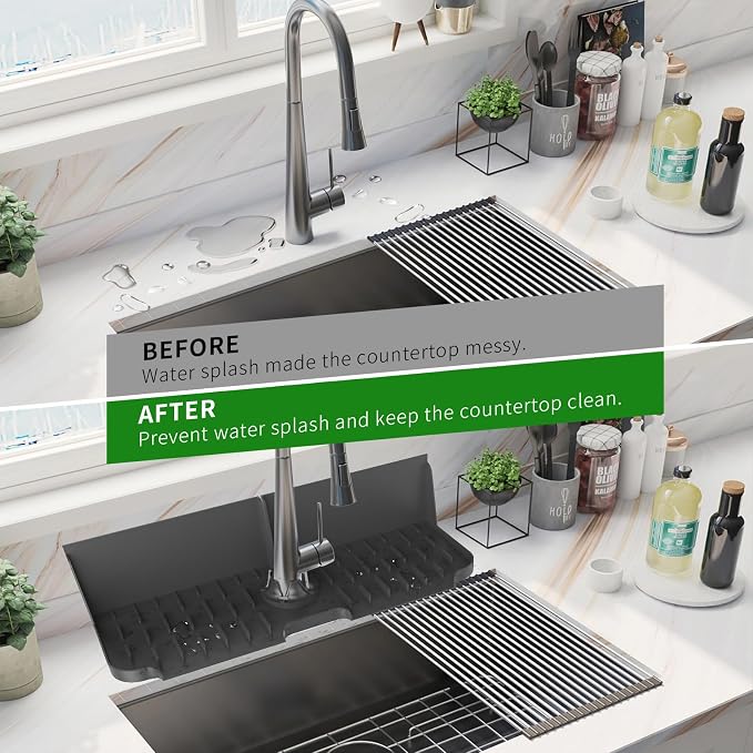 17” x 5.5” Silicone Faucet Handle Drip Catcher Tray Mat, Silicone Faucet Mat Dish Soap Sponge Holder for Kitchen Sink, Drying Mat for Kitchen Counter Bathroom Kitchen Sink Splash Guard - Black - Image 6