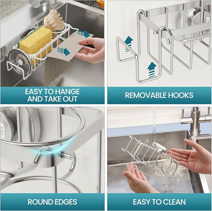TAILI 4-in-1 Sink Sponge Holder for Kitchen with Strong Suction Cup-Silver | Removable Sink Caddy with Suction Cup, Rustproof 304 Stainless Steel Multi-compartment Sink Organizer for Sponge, Brushes - Image 5