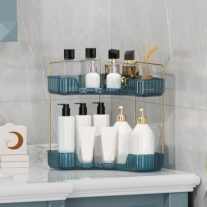 Corner Bathroom Counter Organizer Bathroom Countertop Shelf Makeup Organizer for Vanity Perfume Tray for Corner Storage (2 Tiers, Blue) - Image 5