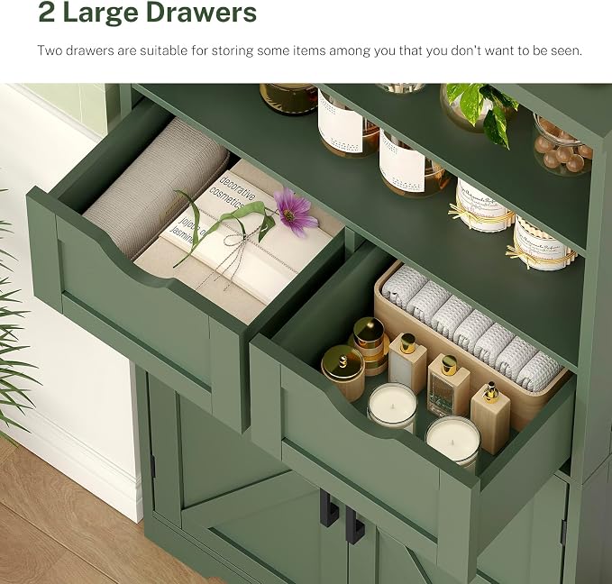 Bathroom Cabinet with Adjustable Shelf & 2 Drawers, Farmhouse Storage Cabinet with 2 Doors, Kitchen Storage Cabinets for Living Room, Entryway, Home Office, Forest Green - Image 6
