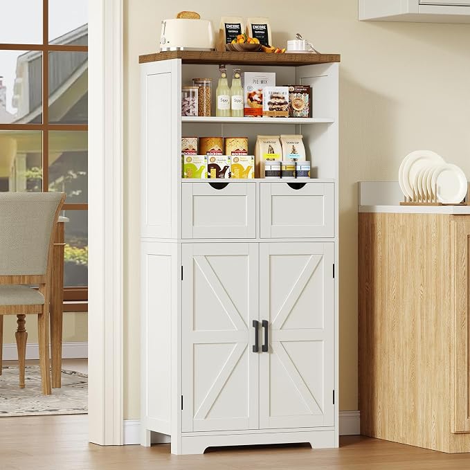 Storage Cabinet with Doors & 2 Drawers, Kitchen Cabinet with Adjustable Shelf, Pantry Cabinets, Bathroom Cabinets, for Living Room, Entryway, Home Office, White - Image 2