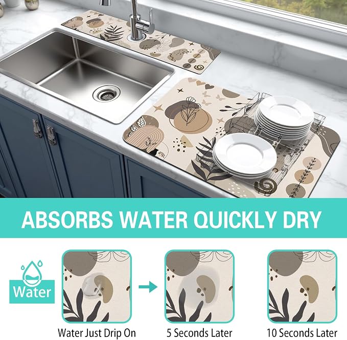 Dish Drying Mat for Kitchen Counter Matt, 2PCS 24"x18" Dish Drainer Mat & 24"x5.5" Sink Splash Guard, Super Absorbent Non-slip Rubber Backed - Image 3