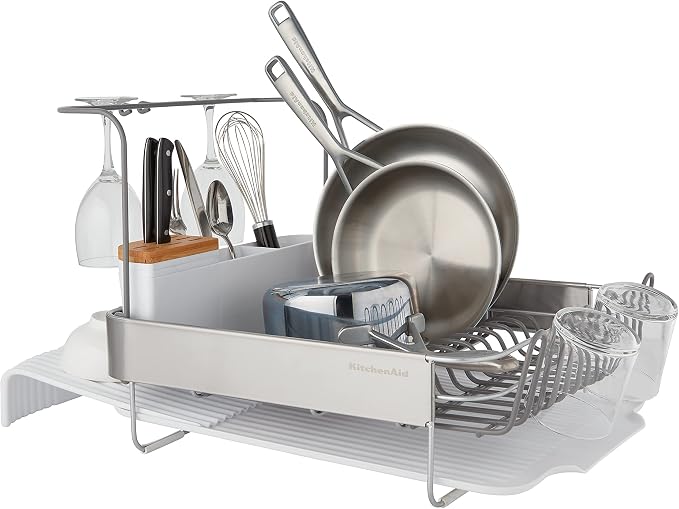 KitchenAid Full Size Compact to Full Capactiy Expandable Rust Resistant Dish Rack, with Self Draining Angled Drainboard and Removable Flatware Caddy, 24-Inch, White - Image 4
