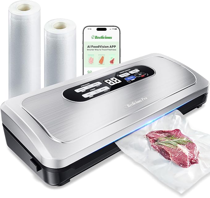 Vacuum Sealer Machine with AirLock ProSeal System, 10-in-1 Vacuum Sealer for Food, Moist/Dry Sealing Modes, Compact Design with Digital Timer, Built-in Cutter & Roll Storage, Stainless Steel by BeeliciousPro