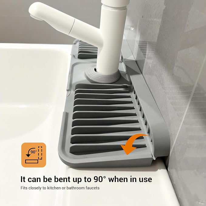 ZJWZLG Faucet Mat for Kitchen Sink, 14"X5.5" Silicone Sink Splash Guard , Snap-On Design & 7°slope Fast Drain, Folding Sink Faucet Mat for Universal Kitchen Bathroom Sink(Grey) - Image 3