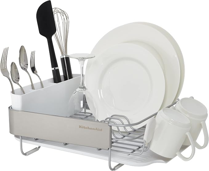 KitchenAid Compact Satin Wire Rust Resistant, Expandable Dish Rack with Angled Self Draining Drainboard with Removable Flatware Caddy, 23.18-Inch, Gray - Image 3